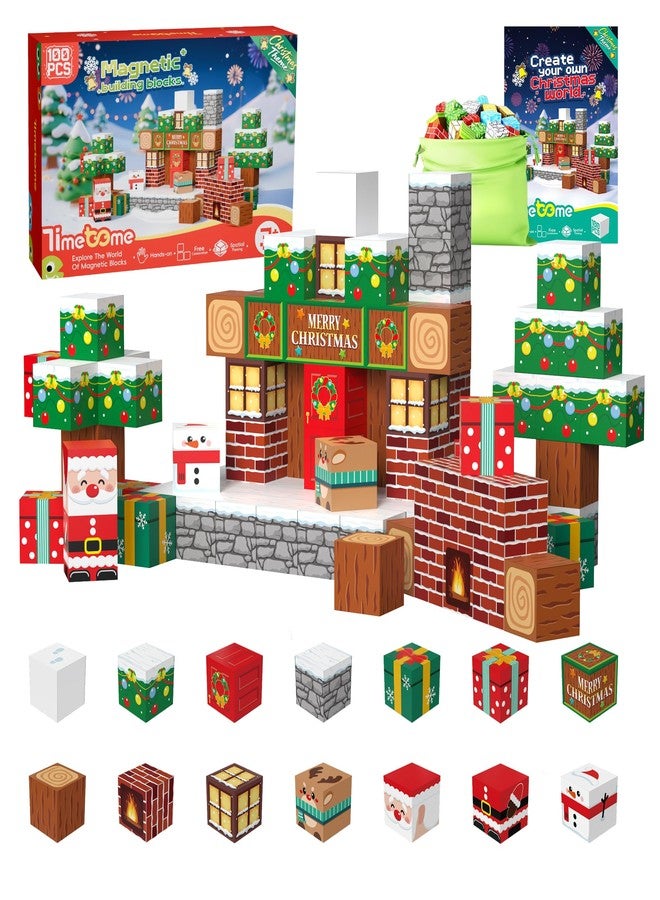 Timetome Magnetic Blocks, 100PCS Magnetic Building Block Cubes, STEM Montessori Sensory Toys for Kids Boys Girls Ages 3 4 5 6 7 8 9 10 (Christmas Version) - Image 1